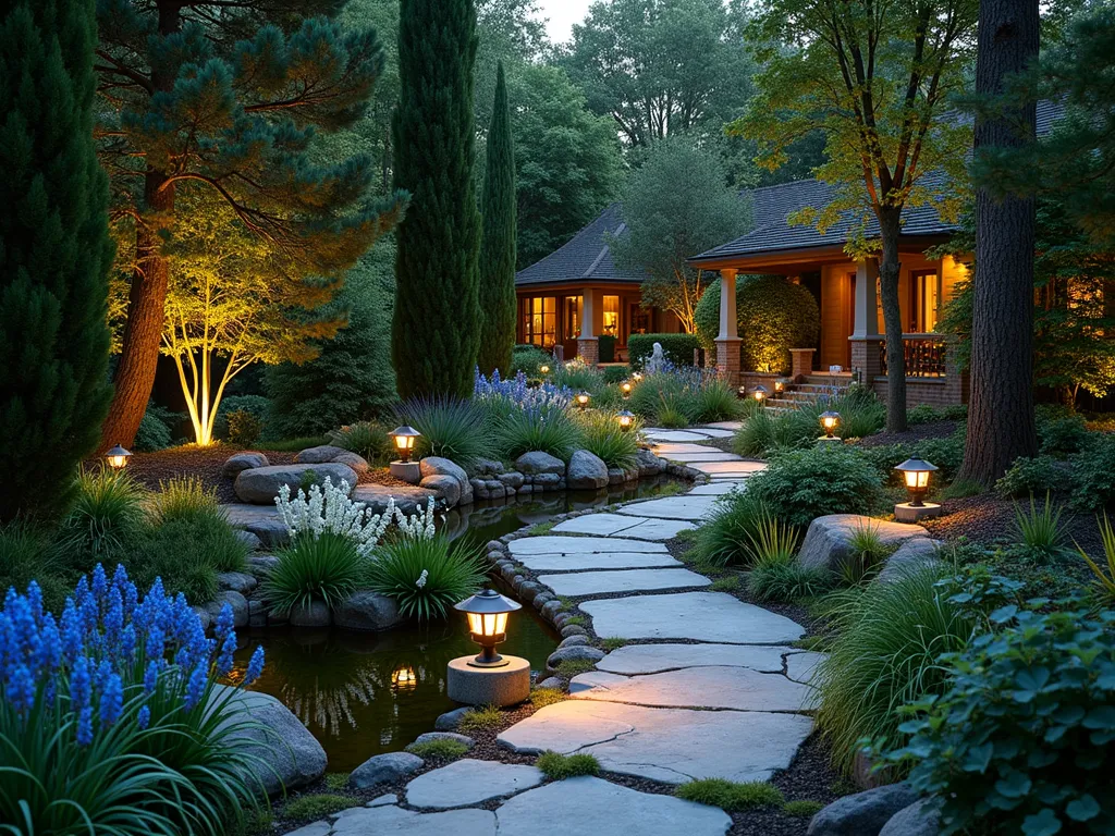 Creation Story Garden Path at Twilight - A winding garden pathway photographed at twilight with golden hour lighting, captured with a DSLR wide-angle lens at f/8. The path meanders through seven distinct garden rooms, each softly illuminated by hidden landscape lighting. The foreground shows the first 'room' with a reflective pond surrounded by blue and white flowers representing Day 1 (light and water), transitioning into a dramatic rock garden with air plants for Day 2. Crystal-clear depth of field reveals subsequent spaces: a lush vegetable and flower garden (Day 3), a starlit pergola with celestial decorations (Day 4), a koi pond with bird sanctuary (Day 5), a meditation area with animal sculptures (Day 6), and finally opening to a peaceful rest garden with a carved stone bench (Day 7). Mediterranean cypress trees frame the scene, while Japanese maples add rich color. Stone lanterns mark transitions between spaces, their warm light creating a mystical atmosphere. Natural stone pavers form the path, with moss and creeping thyme growing between them.