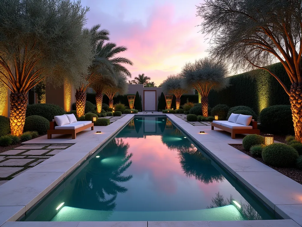 Tranquil Garden of Eden Reflection Pool at Dusk - A serene rectangular reflection pool in a lush garden setting captured during the golden hour, shot with a DSLR camera at f/8. The still water mirror-like surface perfectly reflects the pink and purple twilight sky and overhanging olive branches. White stone edging surrounds the pool, adorned with carefully placed Mediterranean herbs and biblical plants including hyssop, frankincense, and myrrh shrubs. Soft underwater LED lights begin to glow beneath the surface, creating an ethereal ambiance. Two elegant teak meditation benches with plush weatherproof cushions are positioned at one end, framed by towering date palms. Natural stone pavers create a thoughtful path around the water feature, while climbing jasmine on copper trellises adds vertical interest. Shot from a slightly elevated angle to capture both the pool's reflection and the surrounding paradise-like landscape design.