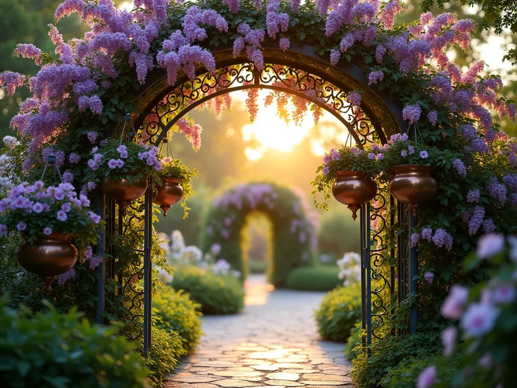 Enchanted Garden Archway at Golden Hour - A magical garden archway at golden hour, shot with a wide-angle lens at f/2.8. The ornate wrought iron archway features intricate vine patterns and is abundantly covered with blooming pink climbing roses and purple wisteria cascading down. Crystal-clear sunlight filters through the foliage, creating dappled shadows on a natural stone pathway. Multiple copper hanging baskets filled with trailing purple petunias and white jasmine frame the entrance. Small dove sculptures are integrated into the archway's metalwork, while delicate apple tree motifs adorn the top. The perspective captures the full height of the 8-foot archway while showing glimpses of lush garden rooms on either side, with soft bokeh effects in the background. The warm evening light creates a ethereal, paradise-like atmosphere.