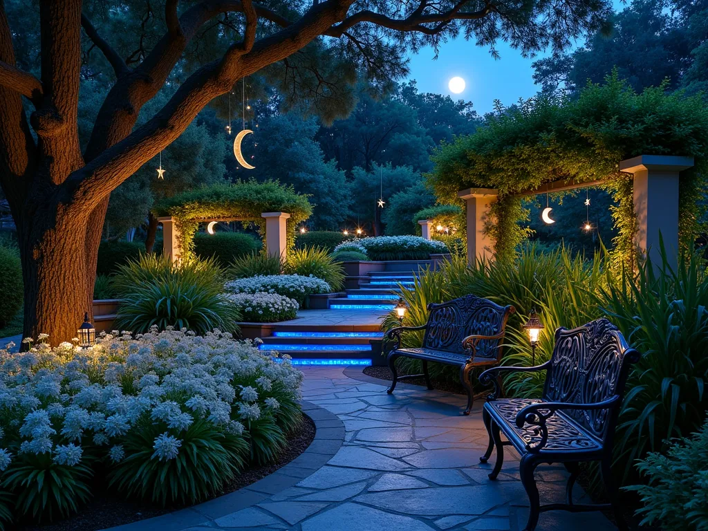 Enchanted Night Garden Paradise - A mesmerizing nighttime garden scene captured in wide angle, showing a winding illuminated pathway through a lush landscape. Delicate solar-powered star and crescent moon lights hang from mature trees, casting a soft, ethereal glow. White moonflowers and night-blooming jasmine climb elegant trellises, their luminous petals reflecting the moonlight. A terraced water feature cascades down natural stone steps, each tier illuminated from beneath with subtle blue lighting. In the foreground, clusters of white evening primrose and ghost plants create pools of silvery light, while Japanese forest grass sways gently in the evening breeze. The scene is photographed during the blue hour, with a full moon visible through the tree canopy, creating magical light interplay between natural and artificial illumination. Ornate vintage-style garden benches are strategically placed along the pathway, their metalwork casting intricate shadows in the enchanted lighting.