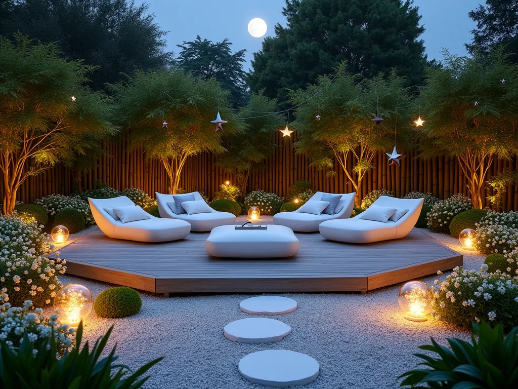 Moonlit Celestial Garden Room - A serene nighttime garden room photographed with a wide-angle lens, featuring curved white reclining loungers arranged in a circular pattern on a raised deck platform. The space is illuminated by soft moonlight and scattered solar-powered celestial lanterns. White gravel paths wind through beds of luminous white night-blooming jasmine and evening primrose. Hanging glass orbs containing fairy lights create a star-like canopy overhead. Metallic silver and copper moon and star sculptures are artfully placed among the plants. The background shows tall bamboo creating natural walls, while the foreground captures the ethereal glow of white stepping stones. Shot at twilight with long exposure to capture the interplay of natural moonlight and subtle artificial lighting. 16-35mm lens, f/2.8, ISO 400.