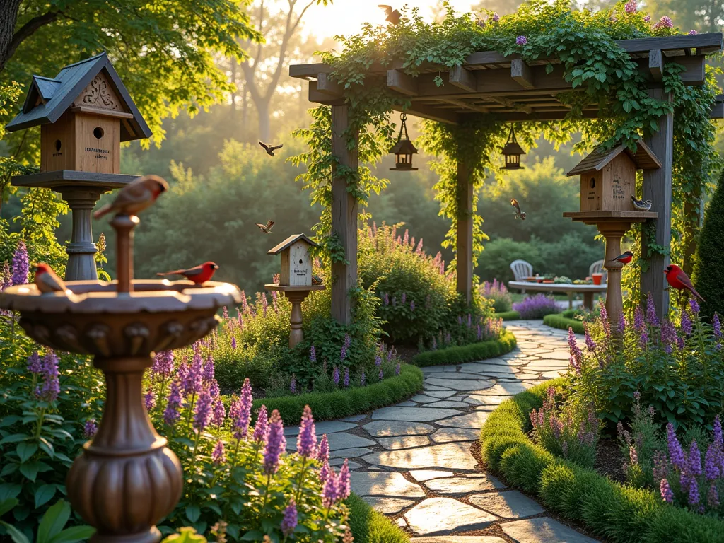 Serene Bird Paradise Garden Sanctuary - A tranquil garden sanctuary at golden hour, photographed with a wide-angle lens capturing multiple layers of bird-friendly landscaping. In the foreground, a weathered copper bird bath with subtle angel wing motifs stands amid blooming native purple coneflowers and red cardinal flowers. The middle ground features ornate wooden bird feeding stations adorned with vine-like biblical carvings, surrounded by mature serviceberry and elderberry bushes. The background showcases a curved pergola draped with flowering trumpet honeysuckle, supporting various decorative bird houses painted in soft, natural tones. Several birds, including cardinals and finches, are perched throughout the scene. Dappled sunlight filters through the foliage, creating an ethereal, paradise-like atmosphere. A natural stone pathway winds through the garden, bordered by Russian sage and butterfly bush, leading to a cozy seating area partially visible in the distance. The composition captures the lush, layered planting design while maintaining a sense of peaceful organization.