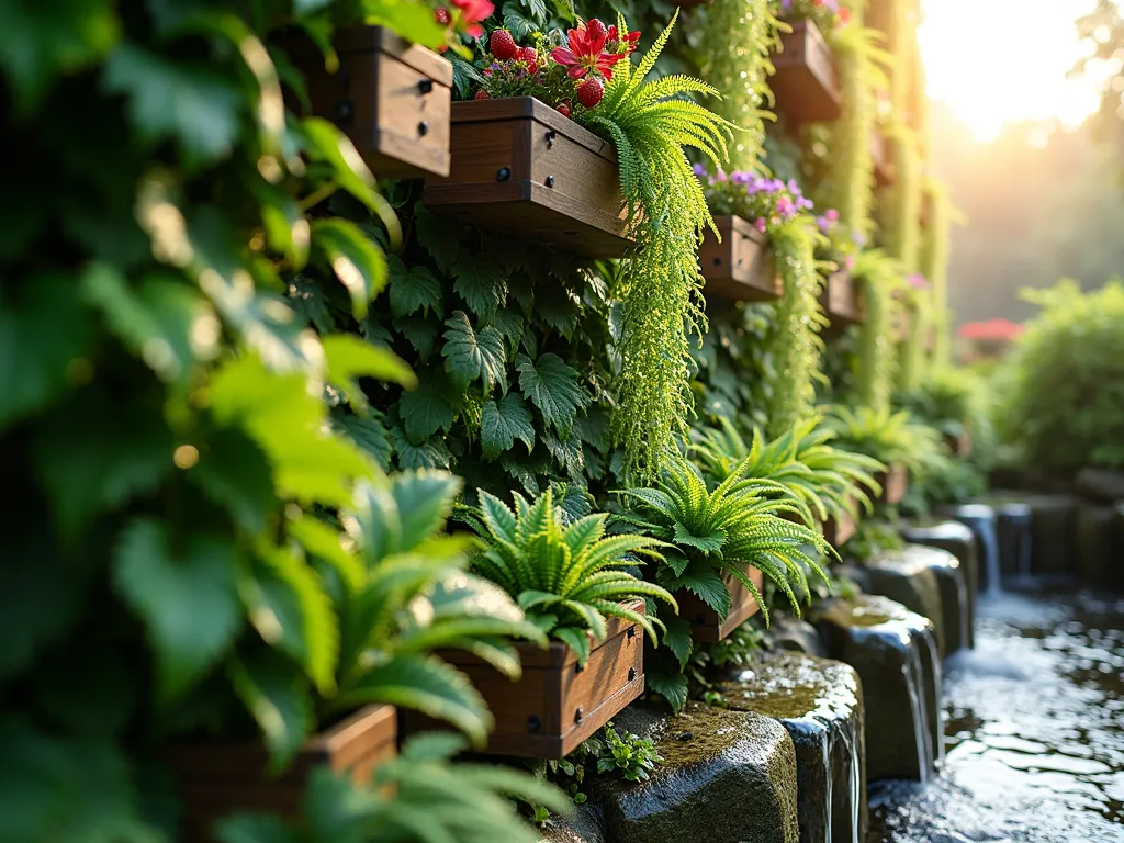 Paradise Living Wall at Dawn - A stunning wide-angle photograph of a lush vertical garden wall at dawn, bathed in soft morning light. The 15-foot living wall features cascading layers of emerald Boston ferns, delicate maidenhair ferns, and vibrant purple passion vines. Small integrated planter boxes burst with fresh herbs and strawberry plants. Dewdrops glisten on the foliage as a fine mist system creates an ethereal atmosphere. The wall is photographed at f/2.8 with natural bokeh effect, highlighting the textural layers and depth of the plantings. Solar-powered LED lights are tastefully woven throughout, creating a magical glow in the early morning light. The base features a natural stone catch basin with water trickling down moss-covered rocks.