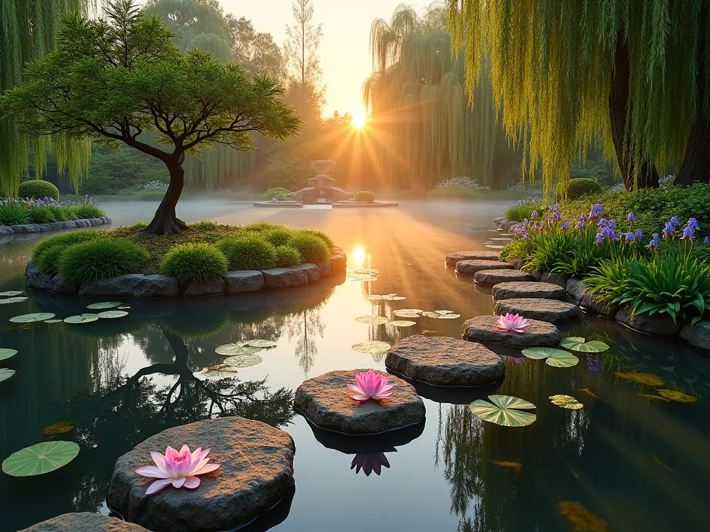 Enchanted Paradise Pond with Floating Stepping Stones - A serene garden pond photographed during golden hour, shot with a wide-angle lens capturing the entire water feature. Crystal-clear water reflects the warm sunset sky, dotted with blooming pink and white lotus flowers and purple water lilies. Natural granite stepping stones appear to float mysteriously across the water's surface, leading to a small verdant island featuring a graceful Japanese maple tree and clusters of iris flowers. The pond edges are softened by naturalistic plantings of marsh grasses, ferns, and moisture-loving perennials. Subtle underwater lighting creates a magical glow beneath the water's surface, while delicate mist hovers just above. The composition is anchored by mature weeping willows in the background, their branches creating a natural frame. Professional DSLR capture at f/8, ISO 100, 1/125 sec, emphasizing rich details and dramatic lighting.