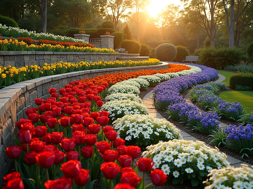 Rainbow Terraced Garden Paradise - A breathtaking terraced garden at golden hour, photographed with a wide-angle lens, featuring cascading flower beds arranged in perfect rainbow color progression. Starting with deep red roses and tulips at the bottom, transitioning through orange marigolds, yellow daffodils, green bells of Ireland, blue delphiniums, and purple iris at the top. Pristine white alyssum borders frame each terrace level, creating stunning definition between color bands. Natural stone retaining walls support the raised beds, with a gentle curved pathway winding through. Subtle garden lighting begins to illuminate the scene as the sun sets, casting a magical glow across the flowers. The composition demonstrates professional landscape architecture with perfect symmetry and depth, captured in high resolution with crisp detail and natural bokeh effect in the background. A small meditation bench sits at the top of the terraces, overlooking the entire rainbow display.