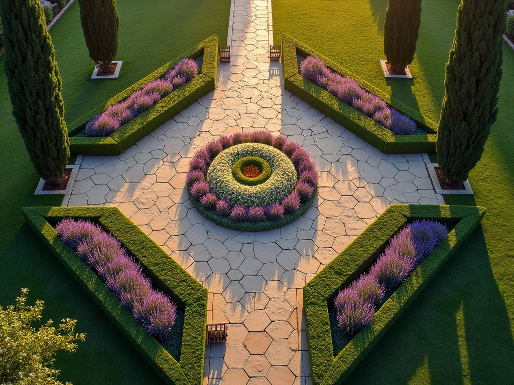 Sacred Geometry Garden Mandala - A mesmerizing aerial view of a sacred geometry garden at golden hour, shot with a 16-35mm lens at f/2.8, ISO 400. The garden features a large central circular mandala pattern created with vibrant flowering plants - purple lavender, white alyssum, and golden marigolds arranged in concentric circles. Hexagonal stone pavers form an intricate pathway that spirals outward, intersecting with triangular beds filled with sage, rosemary, and thyme. The sacred geometry pattern is enhanced by carefully pruned boxwood hedges forming perfect geometric lines. Soft golden sunlight casts long shadows across the garden, highlighting the mathematical precision of the design. The surrounding space features meditation benches at key points of the geometric pattern, while tall cypress trees stand as sentinels at perfect intervals along the garden's perimeter.