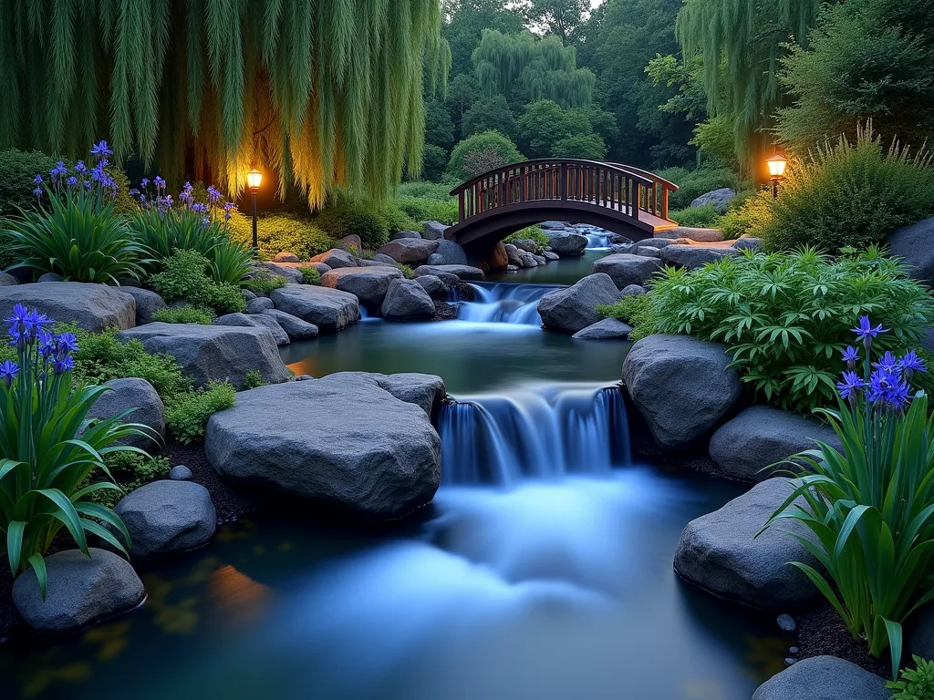 Enchanted Garden Stream at Twilight - A magical twilight garden scene featuring a gently winding natural stream with multiple crystal-clear pools, captured in dramatic wide-angle perspective. The stream cascades over smooth river rocks creating serene mini-waterfalls, illuminated by subtle underwater LED lights that cast a ethereal blue glow. Japanese iris, ferns, and marsh marigolds line the stream banks, their foliage catching the last golden rays of sunset. A handcrafted wooden arched bridge crosses the widest pool, while natural stone stepping stones create a meditative path across the narrower sections. Dense woodland perennials and ornamental grasses create layers of lush greenery, while weeping willows drape gracefully over the water. The scene is photographed with a long exposure to capture the silky smooth water movement, with the garden lighting creating a mystical atmosphere. Hyperrealistic, 4K quality, architectural photography style.