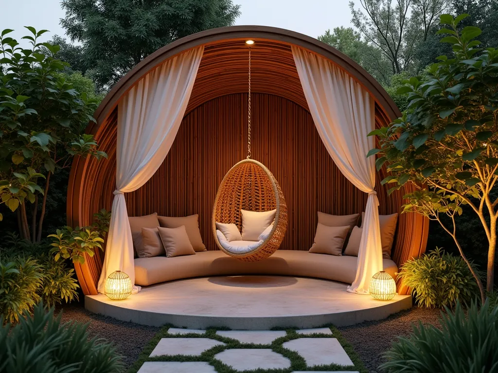 Serene Garden Meditation Pod at Dusk - A peaceful garden meditation pod photographed at dusk with golden hour lighting. Wide-angle shot showcasing a circular natural stone platform surrounded by lush greenery. A handcrafted suspended rattan egg chair hangs from a curved wooden pergola, draped with flowing white outdoor fabric. Aromatic frankincense and myrrh plants border the space, while climbing jasmine vines weave through tall bamboo privacy screens. Soft LED lanterns illuminate the space, creating a magical atmosphere. Natural fiber cushions and meditation pillows in earthy tones add comfort. A small copper water feature provides gentle ambient sounds. Shot with a 16-35mm lens at f/2.8, ISO 400, capturing the ethereal evening light filtering through the bamboo screens. Photographic style emphasizes the interplay of natural textures and peaceful ambiance.