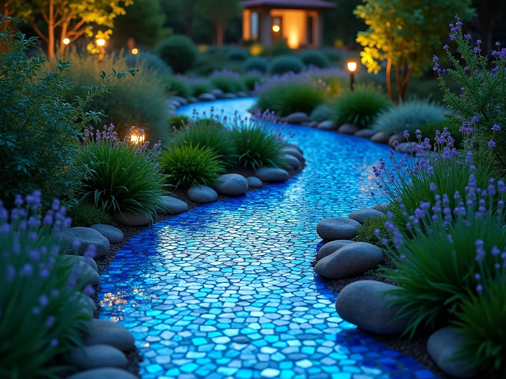 Eden-Inspired Serpentine Garden Path at Twilight - A magical twilight garden scene featuring a winding, mosaic pathway that glows with iridescent blue tiles, meandering through lush greenery like a mystical river. The path is 4 feet wide, crafted from hand-laid azure and turquoise glass tiles interspersed with polished river rocks that catch the last rays of sunlight. Low-growing fragrant herbs like lavender, thyme, and chamomile border the edges, creating a soft, aromatic boundary. Mature Japanese maples cast elegant shadows across the path, while strategic landscape lighting illuminates the curves from below, creating an ethereal effect. The serpentine design disappears around a gentle bend, leading to a hidden garden room visible in the distance. Captured in a wide-angle perspective that shows the sweeping curves while maintaining intimate detail of the mosaic work and herbs.