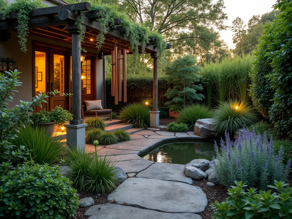 Tranquil Eden Sound Garden at Dusk - A serene backyard garden at dusk, captured with a wide-angle lens showing a meandering stone path through lush greenery. Large copper wind chimes hang from a weathered wooden pergola draped with wisteria vines. A natural bamboo water feature creates a gentle cascade into a small pond surrounded by Japanese forest grass and tall bamboo stands. Silver-leaved plants like Russian sage and lamb's ear catch the evening breeze, creating subtle movement. A handcrafted wooden xylophone made from reclaimed teak is nestled between ornamental grasses, while carved bamboo rain sticks are artfully displayed on stone pedestals. Soft landscape lighting illuminates the scene, creating a magical atmosphere as the sun sets. Shot at f/8 with natural golden hour lighting highlighting the textures and creating depth.