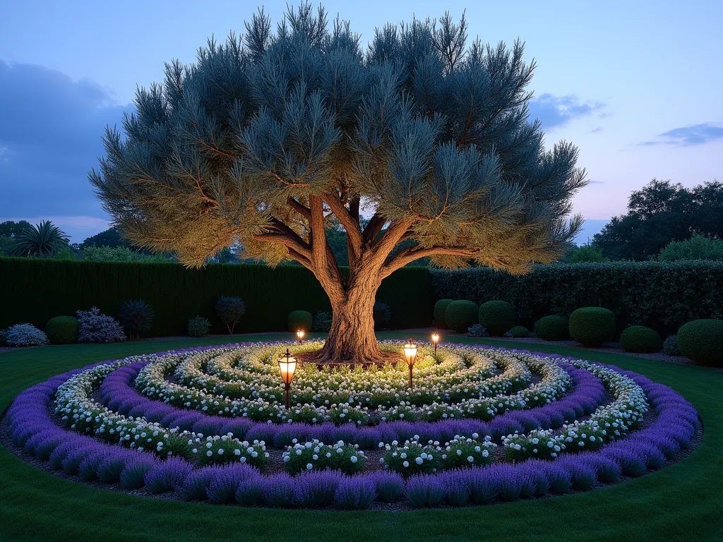 Tree of Life Garden Centerpiece at Twilight - A majestic mature olive tree stands as a centerpiece in a backyard garden, its gnarled branches spreading gracefully against a dusky twilight sky. Subtle uplighting casts dramatic shadows through the silvery foliage. Surrounding the tree, concentric circular beds ripple outward in waves of lavender, white roses, and purple salvia, creating a mesmerizing mandala pattern. A crushed stone path spirals between the flowering rings, while small copper lanterns mark the curves. Shot from a slightly elevated angle at blue hour, with soft bokeh effects highlighting the illuminated tree. The composition captures both the grandeur of the full garden design and the intimate details of the flowering layers. Photographed with a 16-35mm lens at f/2.8, ISO 400, creating a dreamy, ethereal quality.