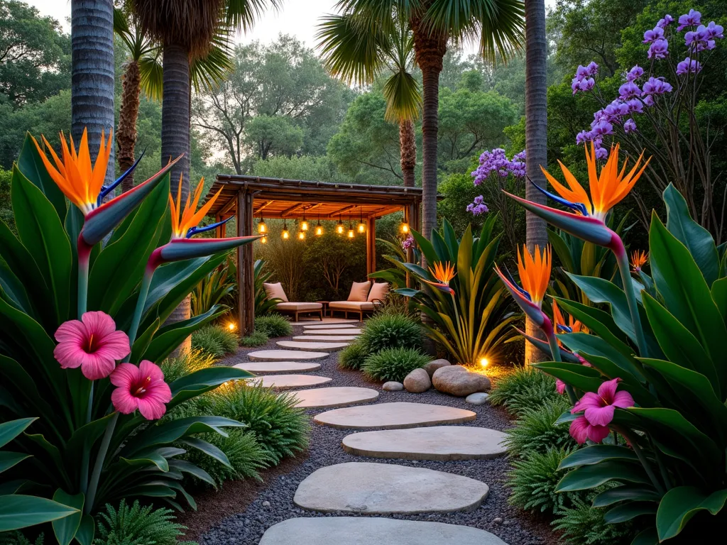 Tropical Bird of Paradise Garden Sanctuary - A lush, winding garden path at twilight, illuminated by warm landscape lighting, leading through towering Bird of Paradise plants with their dramatic orange and blue blooms. The curved pathway is bordered by vibrant pink hibiscus flowers and delicate purple orchids hanging from mature palm trees. Natural stone steps weave through the tropical landscape, leading to a hidden bamboo pergola with comfortable seating, partially visible through the exotic foliage. The scene captures a magical sunset moment with golden light filtering through the leaves, creating dramatic shadows and highlighting the architectural beauty of the Bird of Paradise plants. A small meditation fountain provides a peaceful water element, surrounded by natural rocks and tropical ferns.