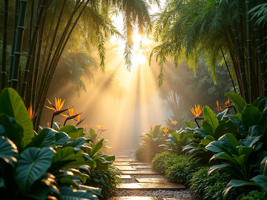 Tropical Mist Garden at Dawn - A serene garden scene at dawn, shot with a wide-angle lens capturing a lush tropical paradise. Delicate mist flows from elegant copper mist emitters nestled among large-leafed monstera and towering bamboo. Golden morning light filters through the mist, creating ethereal light beams. Bird of paradise flowers add vibrant pops of orange, while hanging ferns cascade from above. The mist system creates a dreamy, otherworldly atmosphere with water droplets glistening on leaves. Natural stone pathways wind through the verdant landscape, photographed with a shallow depth of field at f/2.8, ISO 400, creating a mystical, enchanted garden effect.