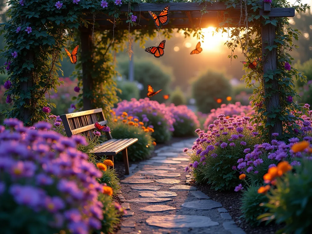 Twilight Butterfly Sanctuary - A dreamy garden scene at dusk, photographed with a wide-angle lens capturing a curved garden path lined with vibrant purple butterfly bush, pink cosmos, and orange lantana in full bloom. Solar-powered butterfly-shaped lights glow softly among the flowers, creating magical light patterns. Monarch and Swallowtail butterflies hover near the blossoms while decorative copper butterfly sculptures are nestled between native wildflowers. A rustic wooden bench sits beneath a flowering pergola draped with morning glory vines, offering a serene viewpoint of this enchanted pollinator haven. Shot during golden hour with warm, ethereal lighting filtering through the foliage, creating a mystical atmosphere. Professional digital photography, 16-35mm lens, f/2.8, ISO 400, emphasizing the rich colors and magical ambiance of the butterfly sanctuary.