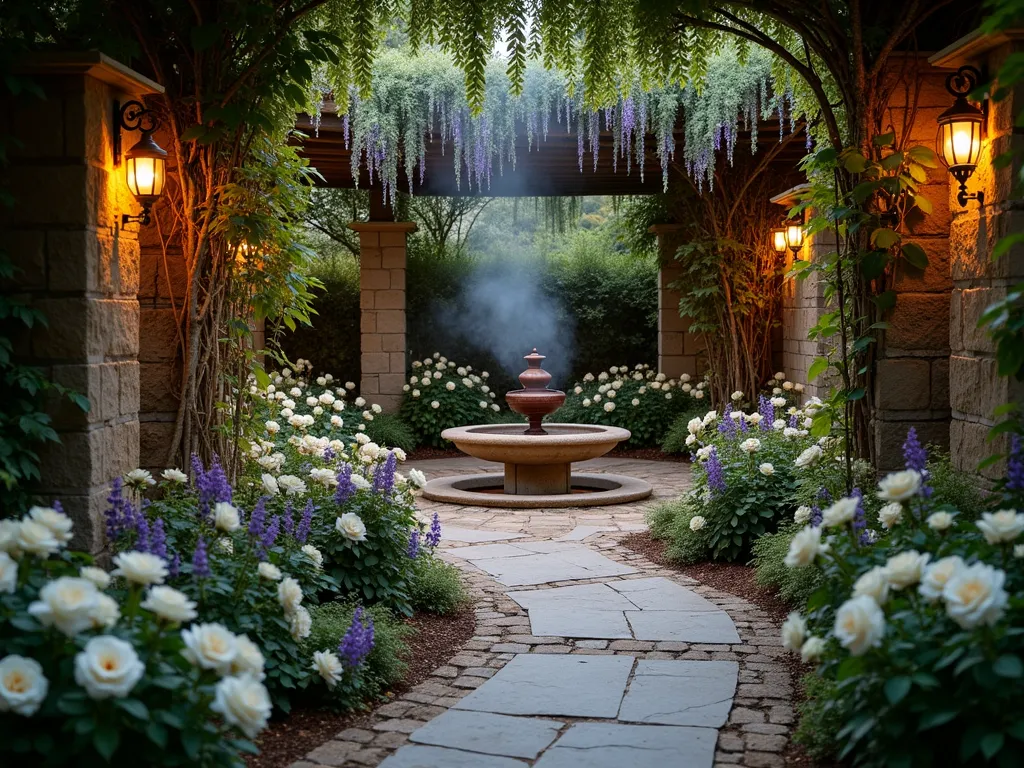 Twilight Eden Fragrance Garden - A dreamy, wide-angle dusk photography of an intimate garden sanctuary, featuring curved stone pathways winding through beds of blooming roses and fragrant herbs. Ornate copper lanterns cast a warm glow over a secluded limestone seating area surrounded by climbing jasmine and night-blooming moonflowers. Wisps of frankincense and myrrh smoke drift through the air from antique bronze censers. White garden roses and lavender create layers of depth, while a natural stone fountain provides a gentle backdrop. Ethereal golden hour lighting filters through pergola draped with wisteria, creating a magical atmosphere. Shot with a DSLR camera, f/8 aperture, capturing the rich textures and atmospheric depth. 8K, hyperrealistic detail, professional lighting.