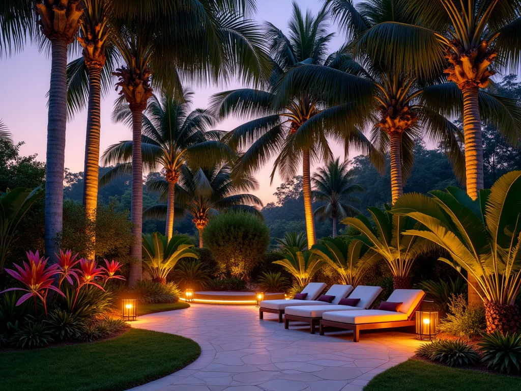 Twilight Palm Paradise Garden - A stunning twilight photograph of a luxurious backyard paradise garden, featuring a dramatic canopy of towering Royal Palms, Majesty Palms, and Fan Palms creating dappled shadows. Below, a collection of vibrant Bird of Paradise flowers, pink Heliconia, and orange Canna Lilies provide a tropical understory. A curved pathway leads to an intimate seating area with plush, weather-resistant cream-colored loungers and copper lanterns casting warm, ambient lighting through the palm fronds. Gentle uplighting on the palm trunks creates dramatic shadows, while small LED lights are nestled among the tropical foliage. Shot with a wide-angle lens at dusk to capture the interplay of natural and artificial lighting, with the palm silhouettes dramatic against the purple-orange sky. Photographed at f/2.8 for dreamy bokeh effect, ISO 400 for optimal low-light performance.