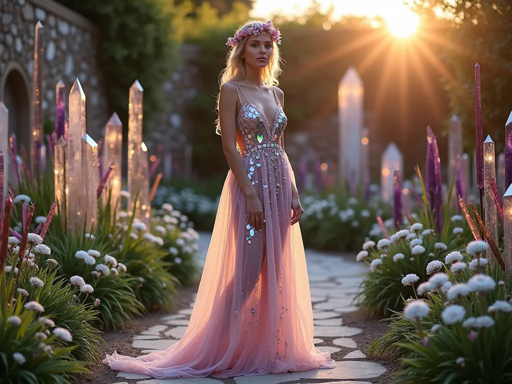 Crystal Garden Paradise Sanctuary - A twilight garden sanctuary, shot at f/2.8, featuring a ethereal figure adorned in a flowing, iridescent dress embedded with natural crystals and geometric mirror pieces. The figure stands on a crystal-lined garden path, surrounded by crystalline structures that catch the last rays of sunset. Rose quartz and amethyst formations emerge naturally from garden beds filled with white moonflowers and silver-leafed plants. Delicate crystal formations crown the figure's head, complemented by prismatic makeup that catches the light. The background showcases a natural stone wall with embedded crystals and mirrors, creating a mesmerizing light display across the garden space. Shot with a wide-angle 16mm lens to capture the magical ambiance of the entire scene, with golden hour lighting creating rainbow prisms through the crystal elements. The garden features LED ground lighting that illuminates the crystals from below, creating an otherworldly glow.