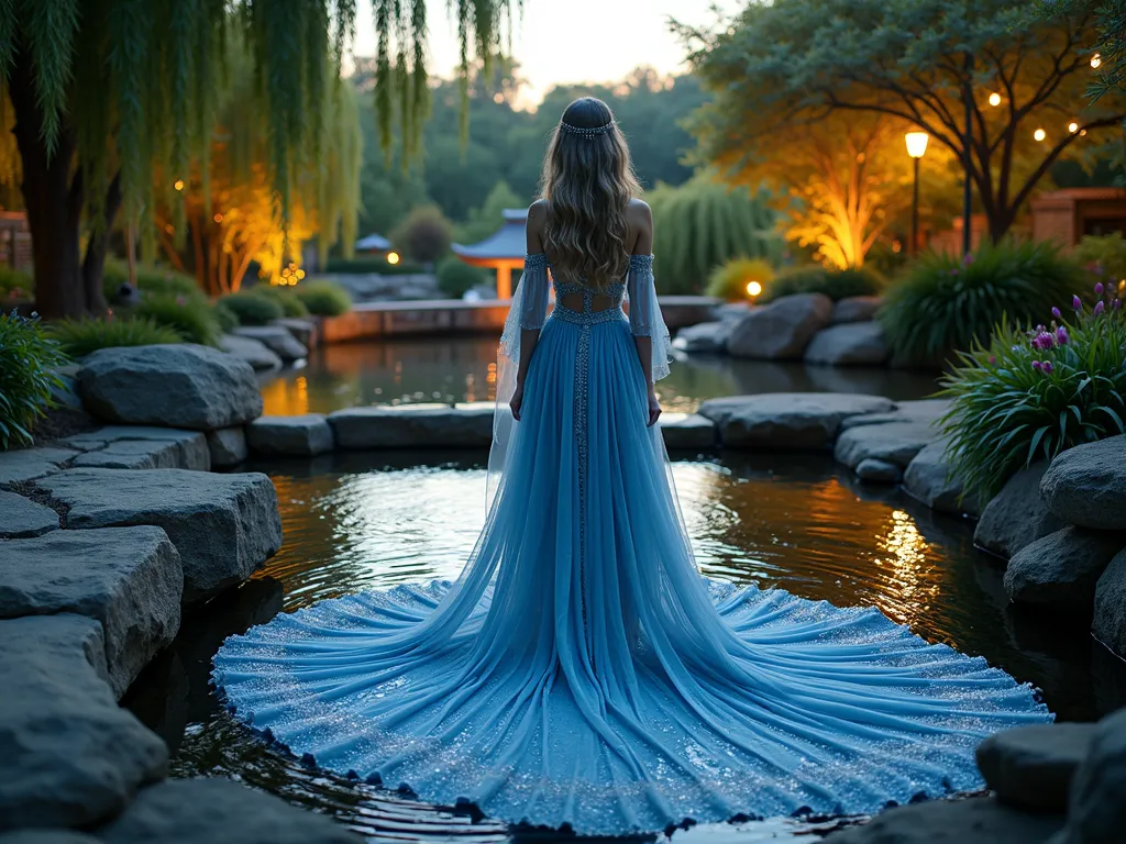 Garden Eden Water Nymph - A wide-angle twilight shot of an enchanting garden water feature where a figure in a flowing, ethereal blue-silver costume stands gracefully on natural stone steps. The costume ripples like water, adorned with crystalline droplets that catch the golden hour light. Cascading fabric streams down the steps, merging with the actual water feature below. The background showcases a lush paradise garden with weeping willows and Japanese maples creating a natural canopy. Soft landscape lighting illuminates the scene, creating magical reflections on both the costume and water. Shot with a DSLR camera at f/8, ISO 100, 1/125s, capturing the interplay between fabric movement and water flow in perfect clarity.