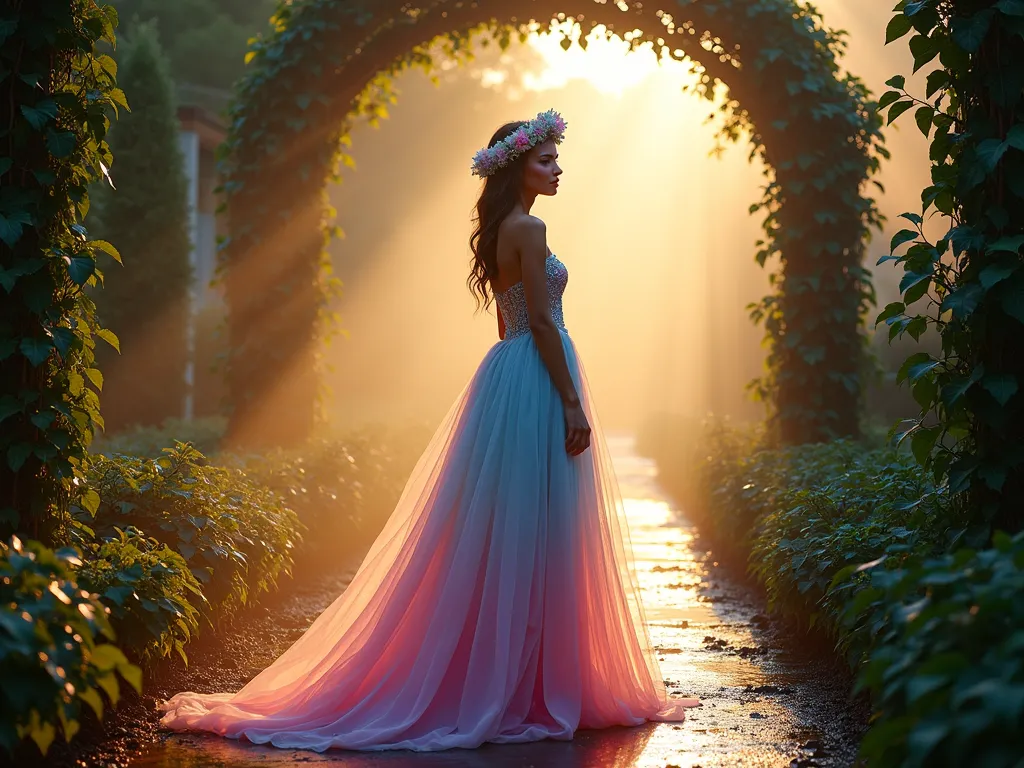 Eden's Dawn Garden Paradise - A breathtaking wide-angle shot of a misty garden at dawn, featuring a model in an ethereal ombré gown flowing from midnight blue to blush pink and golden hues. The model stands on a dew-covered garden pathway, surrounded by climbing morning glory vines on ornate garden arches. The rising sun creates a natural backlight, casting ethereal rays through the morning mist. The model's makeup features iridescent highlights reminiscent of aurora borealis, while her hair is adorned with crystalline dewdrops and a delicate crown of fresh morning glory blooms. The garden setting includes cascading water features creating a paradise-like atmosphere, with strategic lighting highlighting the water droplets. Shot with a 16-35mm lens at f/2.8, ISO 400, capturing the magical transition between night and day. Photographic style: ethereal, dreamy, high-fashion garden photography.