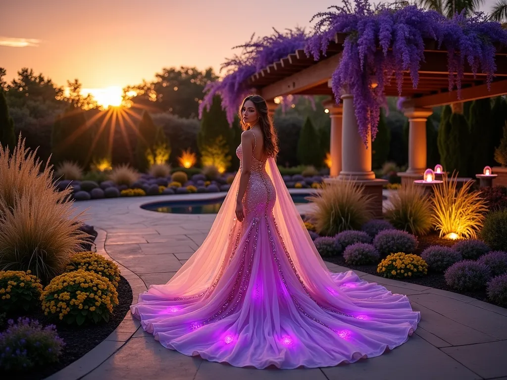 Eden's Twilight Garden Paradise - A dramatic wide-angle shot of a luxurious backyard garden at sunset, featuring a model in a flowing, ethereal costume that transitions from shimmering gold at the shoulders to deep amethyst at the hem. The dress appears to glow with subtle LED lights woven throughout, mirroring the warm sunset sky. The model stands on a curved garden path surrounded by tiered garden beds filled with illuminated golden lantana and purple salvia. Ornamental grasses catch the golden hour light, creating a magical atmosphere. The background showcases a pergola draped with wisteria, its purple blooms echoing the costume's colors. Strategic landscape lighting creates a dreamy ambiance, with subtle uplighting on tropical plants and floating orbs in a nearby reflection pool. The model's makeup features sunset-inspired ombré effects, with gold highlighter and purple eyeshadow that catches the dying light. Photorealistic, magical atmosphere, golden hour lighting, depth of field, high-end fashion photography style.