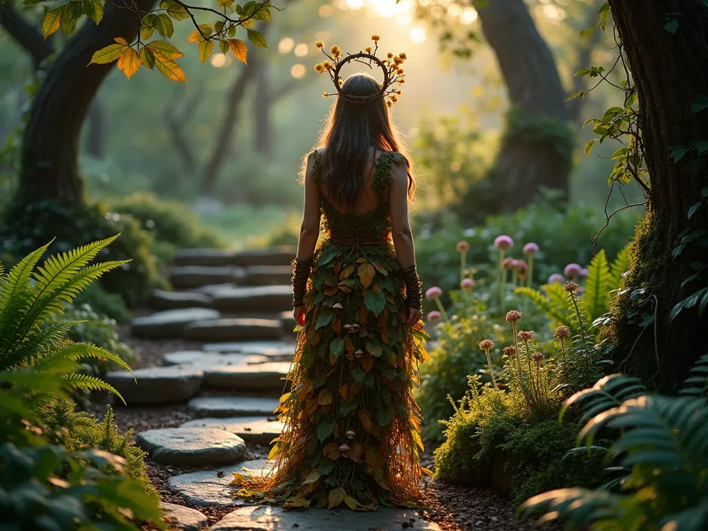 Enchanted Forest Floor Garden Setting - A wide-angle twilight shot of a mystical garden setting where a figure adorned in an ethereal forest floor costume stands among towering ferns and moss-covered stones. The costume features intricate layers of preserved autumn leaves, real moss, and delicate artificial mushrooms cascading down like a natural waterfall. Natural wooden bracelets and a crown of twisting branches adorned with tiny glowing fairy lights complete the ensemble. Soft evening light filters through overhead tree branches, creating dappled shadows on the garden path. The background showcases a naturalistic garden design with weathered stone steps, climbing vines, and scattered woodland flowers. Shot with a dreamy bokeh effect, highlighting the textural details of the nature-inspired costume against the lush garden backdrop. f/2.8, ISO 400, magical golden hour lighting.