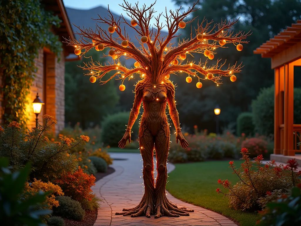 Enchanted Tree of Knowledge Garden Display - A mystical twilight garden scene featuring a dramatic human-tree art installation on a curved garden path. The centerpiece is a figure wearing a detailed brown bodysuit adorned with intricate branches extending gracefully from shoulders and arms, illuminated by warm LED fairy lights woven through the branches. Golden apples gleam among preserved autumn leaves in rich oranges and deep reds. The installation is set against a lush garden backdrop with climbing vines and flowering plants. Soft landscape lighting creates ethereal shadows on a nearby stone wall, while a rustic wooden pergola frames the scene. Shot from a three-quarter angle to capture both the detail of the costume and its integration with the garden setting. The magical atmosphere is enhanced by a subtle fog rolling across the garden floor.