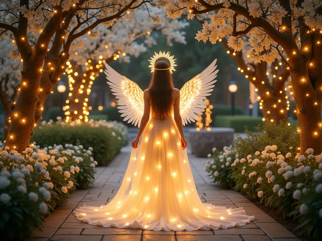 Ethereal Garden Angel at Twilight - A mesmerizing twilight garden scene featuring a figure in flowing white and gold layered chiffon dressed as an ethereal angel, illuminated by hundreds of warm LED string lights woven through the fabric. Standing on an elegant stone patio surrounded by white roses and lilies, the figure wears a dramatic gold-leafed halo headpiece that glows with embedded lights. Crystal-adorned branches arch overhead, creating a magical canopy that catches and reflects the ethereal lighting. The background showcases a beautifully landscaped garden with illuminated white flowering trees and a cascading water feature. Shot from a slightly low angle to emphasize the magical atmosphere, with bokeh effects from the twinkling lights creating a dreamy, paradise-like ambiance. Photorealistic, magical evening lighting, high-end fashion photography style.