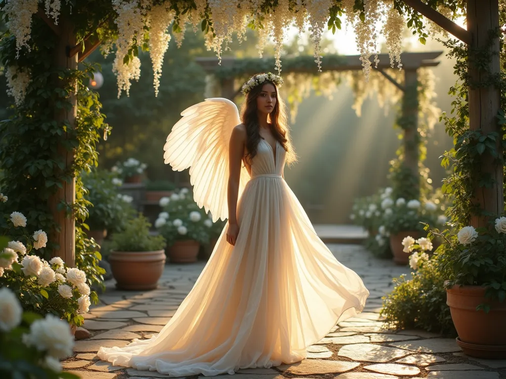 Ethereal Garden Eden Bride - A magical twilight garden scene featuring a serene figure in a flowing, layered white gauze dress standing on a rustic stone patio surrounded by climbing white roses and wisteria. The model wears delicate angel wings and a crown of white roses and baby's breath, her dress catching the golden hour light. The patio opens to a lush garden backdrop with white flowering trees and a natural pergola draped in fairy lights. Misty atmosphere, ethereal lighting, soft bokeh effect, shot from a medium-wide angle to capture both the figure and the enchanted garden setting. Photorealistic, editorial style, mystical garden photography.