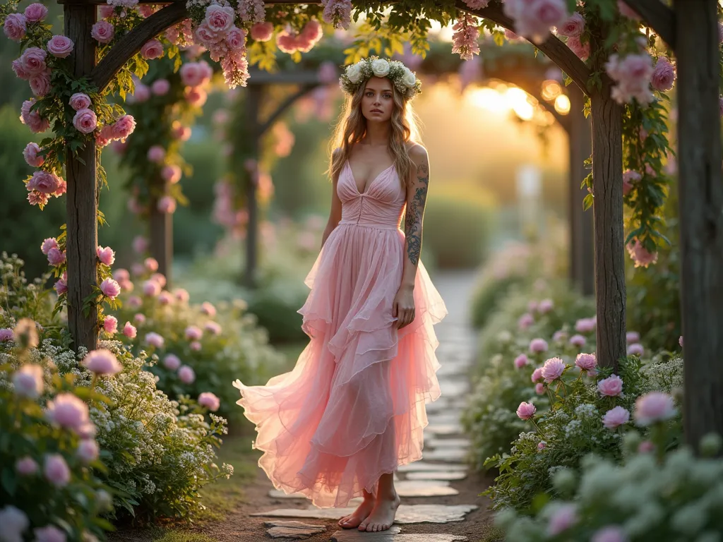 Ethereal Garden Eden Flower Maiden - A dreamy twilight garden scene featuring a young woman in a flowing, multi-layered silk dress made of pink and white petals, standing barefoot on a natural stone pathway. She's surrounded by a lush English cottage garden with blooming peonies, roses, and delicate baby's breath. A handcrafted flower crown of fresh white garden roses and pink ranunculus adorns her head, while delicate painted vine tattoos spiral up her arms. Soft golden hour lighting filters through overhead wisteria pergola, creating a magical atmosphere. Shot at f/2.8 with shallow depth of field, capturing the ethereal mood with bokeh effect on the background flowers. Wide-angle perspective shows the entire garden setting while keeping the flower maiden as the central focus.