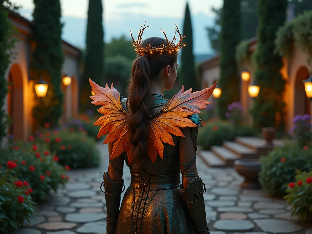 Ethereal Garden Guardian at Dusk - A mystical figure stands in an enchanted garden courtyard at dusk, wearing dramatic armor crafted from preserved maple and oak leaves layered with copper-toned metallic fabric. Illuminated by golden hour light, their iridescent wing-like shoulder pieces shimmer in opalescent blues and greens against a backdrop of climbing roses and wisteria. A delicate crown of intertwined bronze thorns adorned with tiny twinkling LED lights creates a halo effect. The guardian is positioned on an ancient stone patio surrounded by towering cypress trees and flowing fountain features, with soft mood lighting from garden lanterns creating depth and atmosphere. Photorealistic, cinematic lighting, magical atmosphere, highly detailed botanical elements