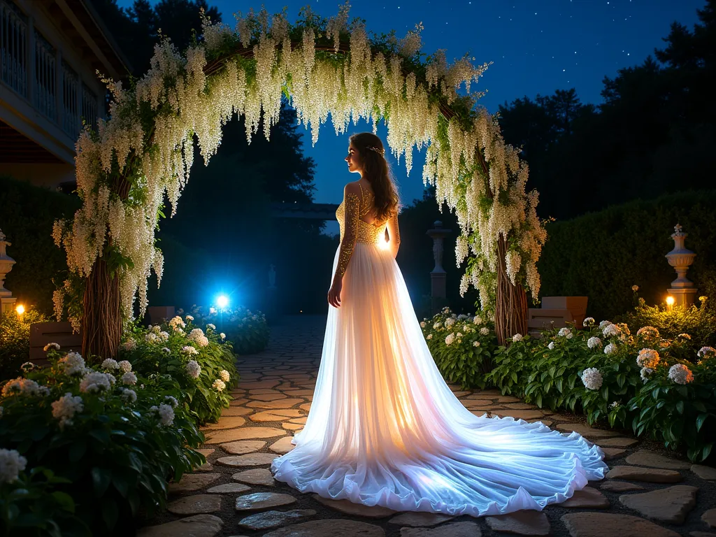 Ethereal Garden Light Bearer - A mesmerizing twilight garden scene captured with a 16-35mm lens at f/2.8, ISO 400. A figure in flowing, iridescent white fabric stands on an illuminated stone path, surrounded by blooming night-blooming jasmine and moonflowers. The costume incorporates fiber optic threads that emit a soft, otherworldly glow, while golden body paint with intricate celestial patterns sparkles in the garden lighting. A dramatic backlit halo effect is created by strategic garden lights behind the figure, casting ethereal rays through a natural arbor draped with white wisteria. The garden setting features illuminated water features and strategically placed landscape lighting that creates depth and mystery. Shot from a low angle to emphasize the dramatic lighting and celestial elements of the costume against the starlit sky.