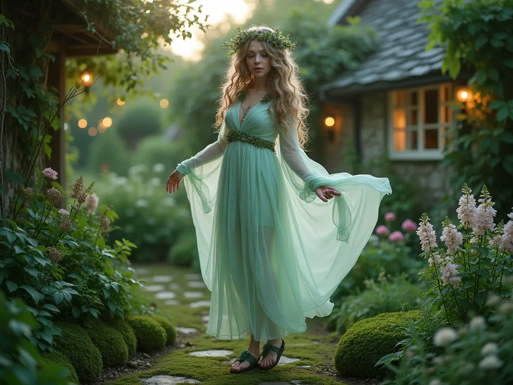 Ethereal Garden Nymph in Twilight Garden - A dreamy wide-angle shot of a mystical garden nymph in flowing, translucent layers of mint green and white chiffon, standing gracefully on a moss-covered garden path at twilight. The scene is set in an enchanted cottage garden with climbing wisteria and moonflowers. Her hair is intricately adorned with live moss, baby's breath, and tiny white woodland flowers, creating a natural crown. Her feet are adorned with delicate vine-woven sandals decorated with small white blooms. Soft, ethereal lighting filters through the surrounding foliage, creating a magical atmosphere. The nymph's makeup features subtle green and silver highlights that catch the evening light. Shot at f/2.8 with dreamy bokeh effect, capturing the magical garden setting with climbing roses and fairy lights in the background.