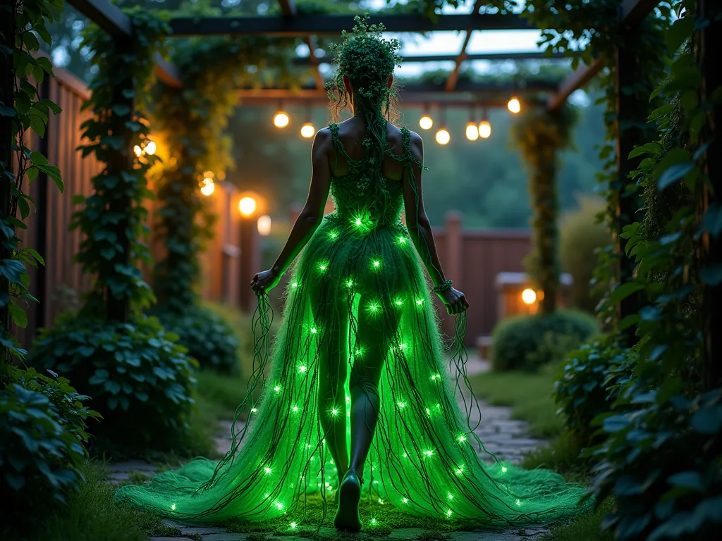 Ethereal Garden Vine Costume at Dusk - A mystical twilight garden scene featuring a figure adorned in an enchanting living vine costume, photographed at f/2.8 with a 16-35mm lens. The costume elegantly integrates flowing green vines with tiny LED lights woven throughout, creating a magical glow against the backdrop of a lush garden pergola. The vines appear to move naturally, crafted from flexible materials that cascade down the body in organic patterns. Soft bokeh effects from garden lighting illuminate the background, while the costume's green LED lights create an ethereal glow that reflects off nearby foliage. Strategic backlighting highlights the dimensional quality of the vine elements, with some tendrils appearing to reach toward nearby garden trellises. Medium shot composition captures both the intricate details of the costume and the surrounding garden environment, with climbing roses and wisteria framing the scene.