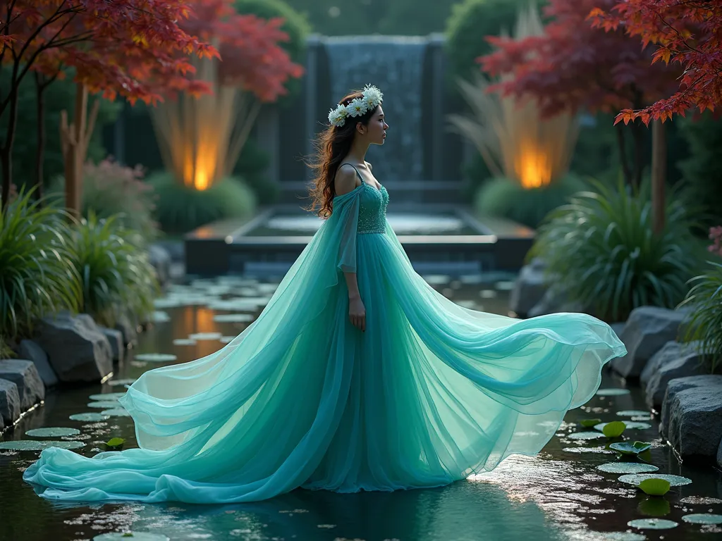 Ethereal Water Garden Eden Costume - A dramatic twilight scene in a luxurious backyard water garden, featuring a model in a flowing, ethereal costume made of layered aqua and sea-green chiffon fabrics that ripple like water. The costume seamlessly blends with the surroundings, caught in mid-movement against a backdrop of illuminated water features and floating lily pads. Crystal droplets cascade from the costume, catching the golden hour light. A crown of white water lilies and cattail reeds adorns the model's head. The garden setting includes a stepped waterfall, natural stone borders, and strategically placed underwater lighting creating a mystical atmosphere. Mist hovers over the water's surface, while Japanese maples frame the scene with their deep red foliage. Shot with a wide-angle lens capturing the entire water garden composition while maintaining sharp focus on the costume details. Photographed during blue hour with subtle landscape lighting, 8K resolution, hyperrealistic detail