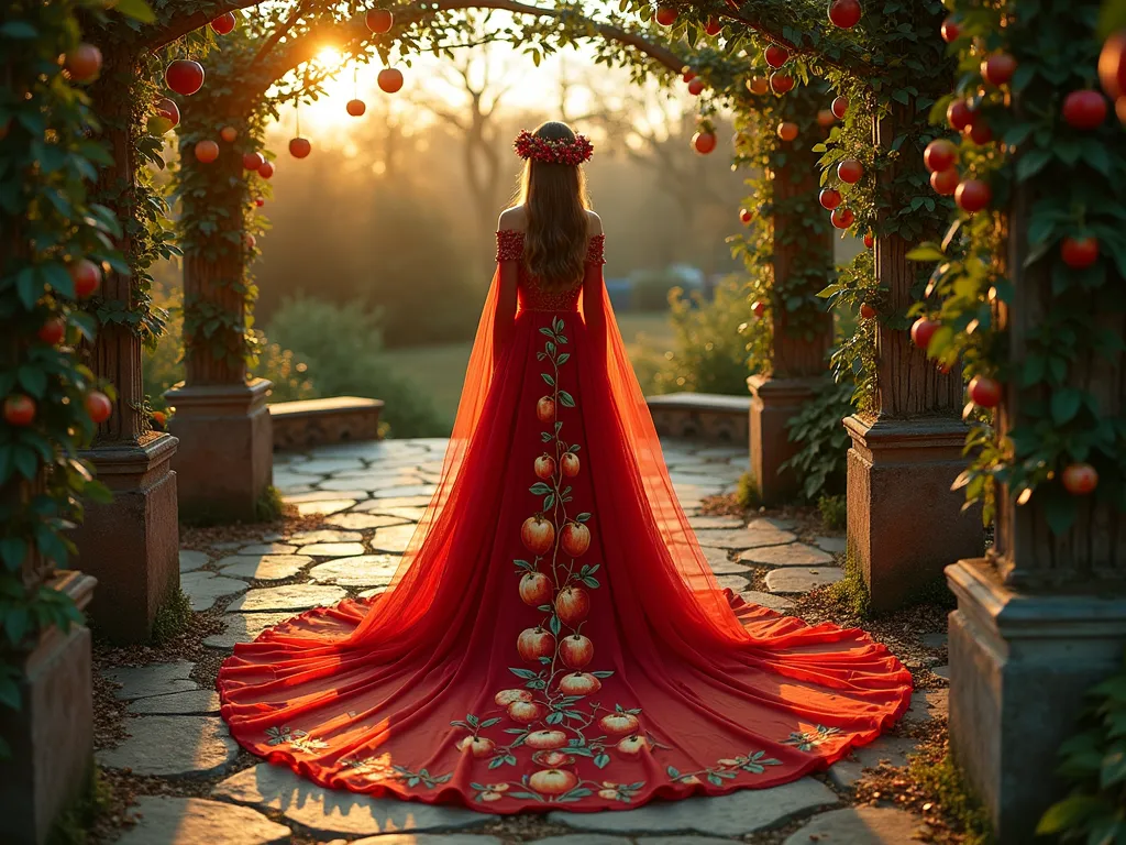 Garden of Eden Forbidden Fruit Bearer at Twilight - A captivating wide-angle shot at twilight of an enchanted garden setting, featuring a model in a flowing red and gold gradient dress adorned with intricate apple motifs, standing on an ancient stone patio surrounded by blooming apple trees and climbing fig vines. The dress catches the golden hour light, creating ethereal reflections against weathered garden trellises. The model wears an ornate crown of miniature golden apples and emerald leaves, while a dramatic cape embellished with hand-painted pomegranates and figs trails elegantly across antique garden steps. Climbing roses and wisteria frame the scene, with subtle garden lighting creating a mystical atmosphere. Shot with a 16-35mm lens at f/2.8, ISO 400, capturing the depth and drama of the paradise-inspired garden setting.