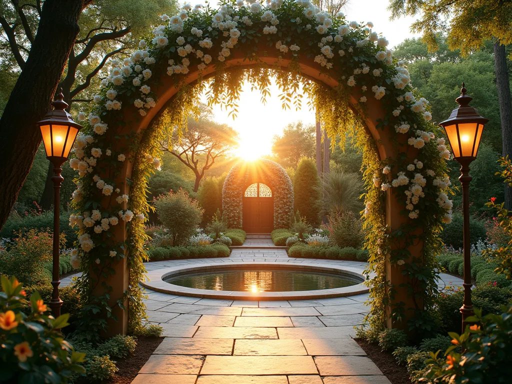 Garden of Eden Paradise Sanctuary - A breathtaking wide-angle shot of a lush secret garden at golden hour, featuring a celestial-inspired garden archway adorned with climbing white roses, jasmine, and cascading wisteria. Crystal prisms hanging from the arch create ethereal light patterns across a circular stone patio. The surrounding garden bursts with paradise-inspired plantings including bird of paradise flowers, tropical hibiscus, and fruit-bearing trees (apple, fig, pomegranate). A serene reflection pool in the center catches the warm sunset light, while illuminated angel wing sculptures crafted from natural materials frame the space. Delicate butterfly gardens and hummingbird-attracting flowers add movement, while strategically placed copper lanterns emit a soft, heavenly glow. Shot with a DSLR camera, wide-angle lens, f/8 aperture, ISO 100, 1/125 shutter speed, capturing the magical transition between day and twilight.