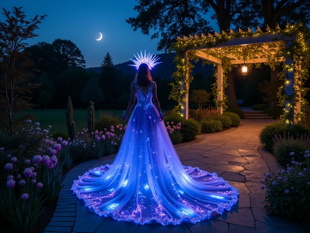 Enchanted Night Garden Paradise - A stunning nighttime garden scene captured with a wide-angle lens, featuring a mystical figure in a flowing deep blue and purple gossamer gown adorned with illuminated celestial patterns. The model stands on a moonlit garden terrace surrounded by night-blooming flowers like Evening Primrose, Moonflowers, and Night-Blooming Jasmine. Ethereal glow-in-the-dark body paint patterns swirl across exposed skin, while a crown of luminescent Night-Blooming Cereus creates a haunting halo effect. Soft landscape lighting illuminates a curved stone pathway leading through the garden, with glowing orbs nestled among the foliage. The composition is enhanced by a pergola wrapped in twinkling fairy lights and climbing Moon Vine, while a crescent moon hangs dramatically in the background. Shot at f/8 with careful attention to capturing both the ambient moonlight and subtle artificial lighting, creating depth and mystery in the garden setting.