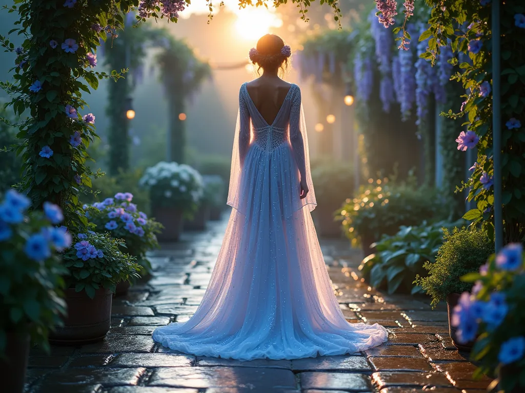 Morning Dew Garden Paradise - A serene dawn garden scene captured with a 16-35mm lens at f/2.8, ISO 400. A mystical figure stands on a dew-kissed stone patio, wearing a gossamer costume adorned with crystalline droplets that catch the first light of dawn. The sheer, layered fabric flows like morning mist, illuminated by soft garden lights. Morning glory vines climb elegant trellises, their blue-purple blooms partially open in the early light. Delicate fiber optic elements woven through the costume create a magical sparkling effect, mimicking dew drops on spider webs. The background features a misty English garden with climbing roses and wisteria, their leaves heavy with morning dew. Low-angle perspective captures water droplets suspended in the air, creating a ethereal, paradise-like atmosphere.