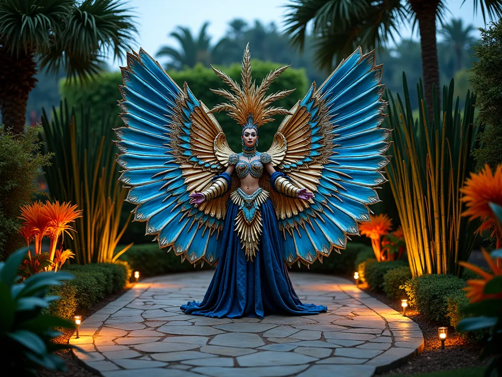 Ethereal Paradise Bird Garden Performance - A stunning twilight garden scene featuring a performer in an elaborate paradise bird costume standing on a circular stone patio surrounded by tropical plants. The costume features magnificent iridescent blue and gold wing-like elements that span 8 feet wide, adorned with peacock and bird of paradise feathers. A dramatic headdress inspired by the Crown of Thorns bird soars upward with cascading plumes. Ornamental grasses and tall bamboo create a natural backdrop, while strategically placed garden lighting casts a magical glow on the costume's metallic elements. Flowering bird of paradise plants frame the scene, their orange blooms complementing the costume's colors. A wide-angle shot captures the entire garden setting with subtle uplighting on surrounding palm trees, creating an enchanted paradise atmosphere.