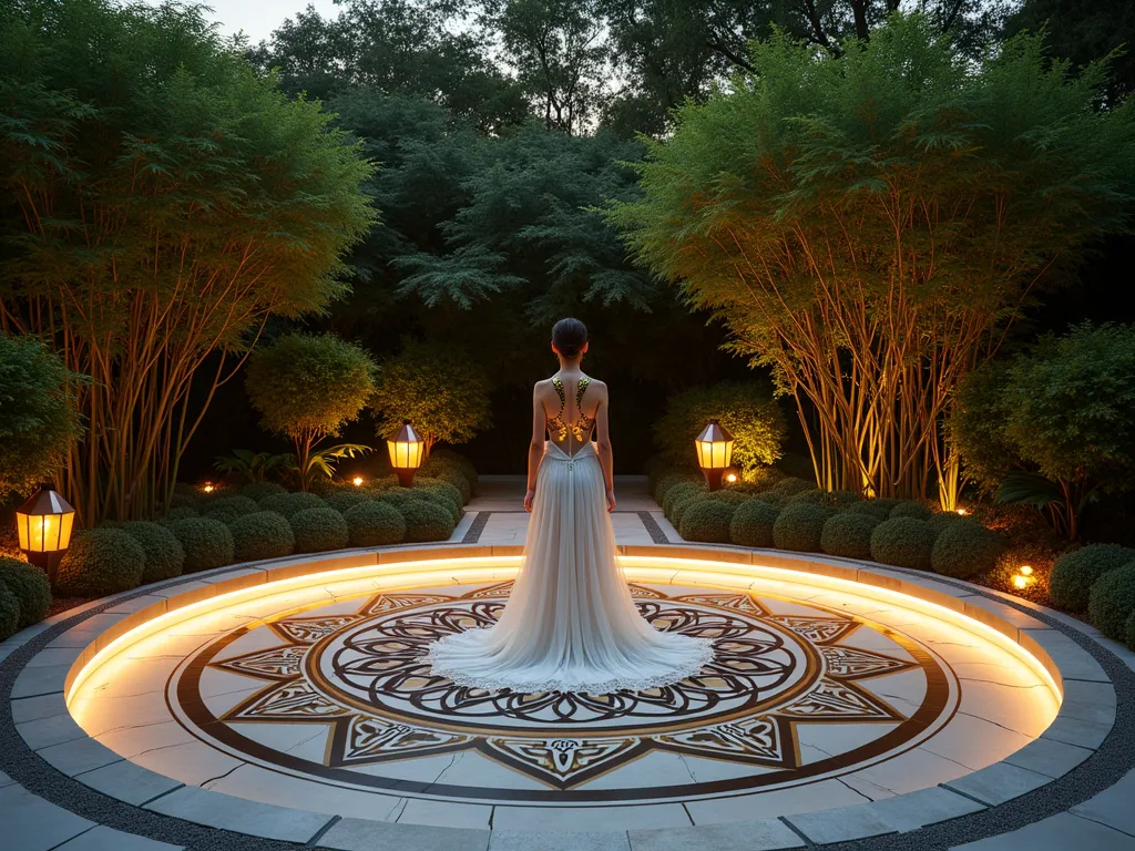 Sacred Geometry Garden Sanctuary - A twilight garden scene captured with a DSLR wide-angle lens, featuring a modern meditation space within a geometric patterned patio. The circular patio is inlaid with metallic sacred geometry patterns, including the Flower of Life and Metatron's Cube designs. Surrounding the space are tall architectural plants creating natural walls. A model in a flowing white dress adorned with geometric metallic prints stands centered in the space, with gold sacred geometry patterns painted on exposed skin. Ethereal lighting from copper lanterns casts intricate shadows across the space. Japanese maples and bamboo create a natural canopy above, while LED strip lighting subtly illuminates the geometric patterns in the paving. Shot at f/8, ISO 100, capturing the interplay of natural twilight and artificial lighting.