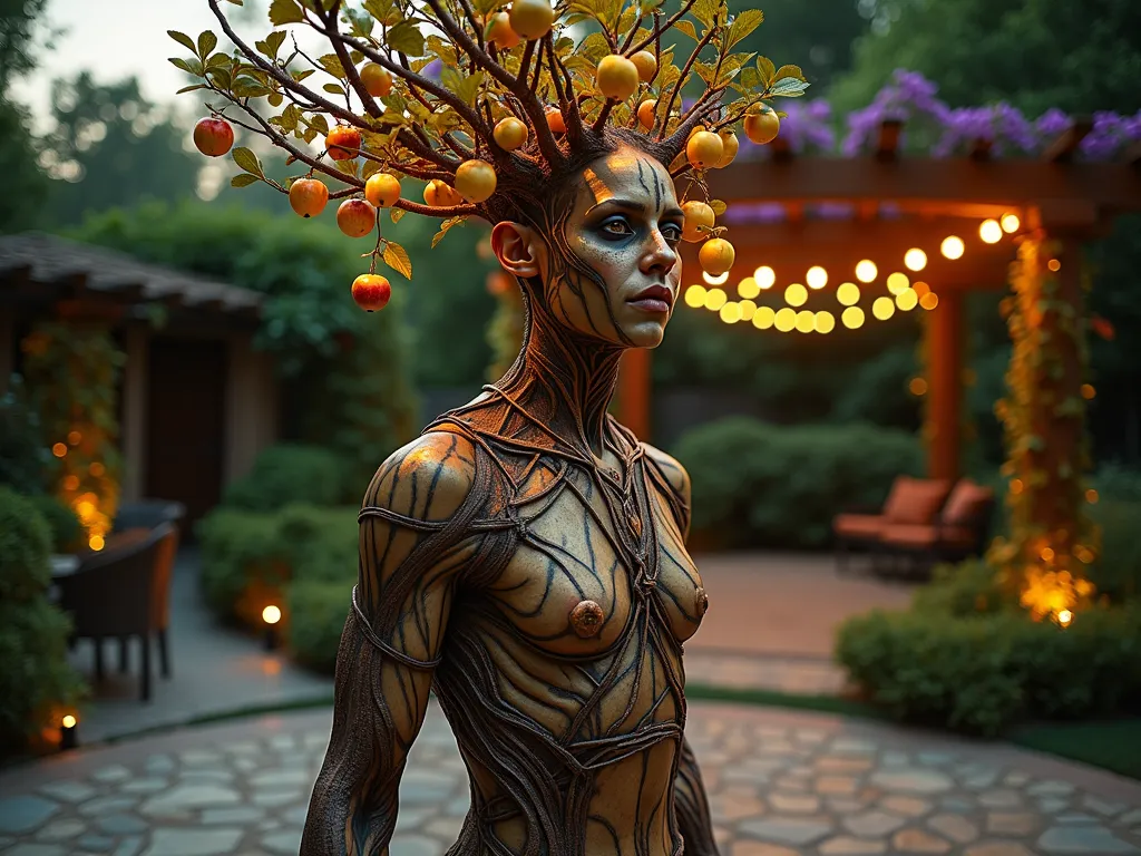 Sacred Tree Garden Costume - A mystical twilight garden scene featuring a person transformed into a living Tree of Life, standing on a circular stone patio surrounded by lush landscaping. The costume consists of intricate bark-textured bodysuit with twisting branches extending from shoulders, adorned with hanging golden apples and luminous fruits. Their face features ethereal theatrical makeup resembling ancient bark patterns in metallic bronze and deep browns. A magnificent crown of intertwined golden leaves catches the last rays of sunset. Soft garden lights illuminate the surrounding space, with climbing vines and flowering pergola creating a paradise-like backdrop. Photographed in a wide angle to capture the full magical garden setting, with selective focus on the detailed costume textures. Cinematic lighting emphasizes the costume's dimensional qualities.