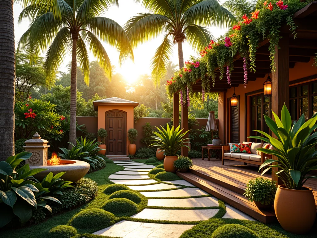 Tropical Paradise Garden Haven - A lush residential backyard garden at golden hour, transformed into a tropical paradise. A winding stone pathway leads to an elevated wooden deck adorned with hanging bird-of-paradise flowers and cascading orchids. Towering palm trees frame the scene, their fronds creating natural archways. Large ceramic planters overflow with vibrant hibiscus, heliconia, and exotic ferns. Ornate copper lanterns cast a warm glow across the space, while a stone water feature draped with flowering vines adds a gentle ambient sound. The garden is photographed from a wide angle, capturing the dramatic interplay of sunset light filtering through the palm fronds, creating magical shadows on the deck. Modern tropical-inspired outdoor furniture with bright botanical cushions complements the paradise theme. Ornamental bamboo screens provide privacy while maintaining the exotic atmosphere. Ultra-detailed 8K photography, magical garden atmosphere, paradise aesthetic.