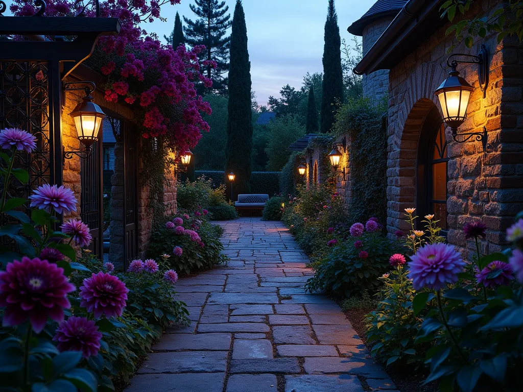 Twilight Garden Mystique Sanctuary - DSLR photo, f/8, ISO 100, 1/125s. Enchanting twilight garden scene with a mysterious stone pathway winding through dark flowering plants. Dramatic purple and black dahlias, deep burgundy roses, and moonflowers create an ethereal atmosphere. Ornate wrought iron garden arch draped with night-blooming jasmine and dark clematis vines. Scattered vintage-style bronze lanterns emit a soft, mystical glow. Life-sized metallic butterfly and moth sculptures perched among the foliage catch the dying light. Dark cobblestone patio area visible in background, bordered by tall dark cypress trees. Moody evening atmosphere with hints of blue twilight sky peeking through the canopy. Illuminated moth-shaped garden lights cast intricate shadows on the weathered stone walls.