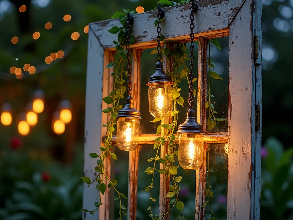 Ethereal Garden Door Chandelier - A magical garden scene at dusk featuring a weathered vintage door suspended horizontally from rustic chains, transformed into an enchanting chandelier. Warm-glowing solar lanterns hang at varying lengths from the door's panel frames. Cascading pothos and string of pearls plants drape elegantly through the door panels, while delicate copper wind chimes dangle between vintage-style mason jar lights. Soft bokeh lighting effect creates a dreamy atmosphere, with fireflies dancing around the installation. The door's distressed white paint adds rustic charm against a background of dark garden foliage.