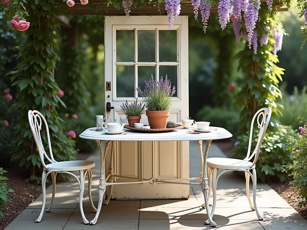 Rustic Door Garden Table in Blooming Patio - A charming outdoor scene featuring a repurposed vintage wooden door transformed into an elegant garden table, with ornate wrought iron legs painted in antique white. The door-table's surface is glossy with weather-resistant sealant, decorated with a centerpiece of potted lavender and vintage terracotta pots. The table is set on a stone patio surrounded by climbing roses and wisteria, with dappled sunlight filtering through pergola above. Styled with vintage garden chairs and delicate tea settings, creating a romantic cottage garden atmosphere.