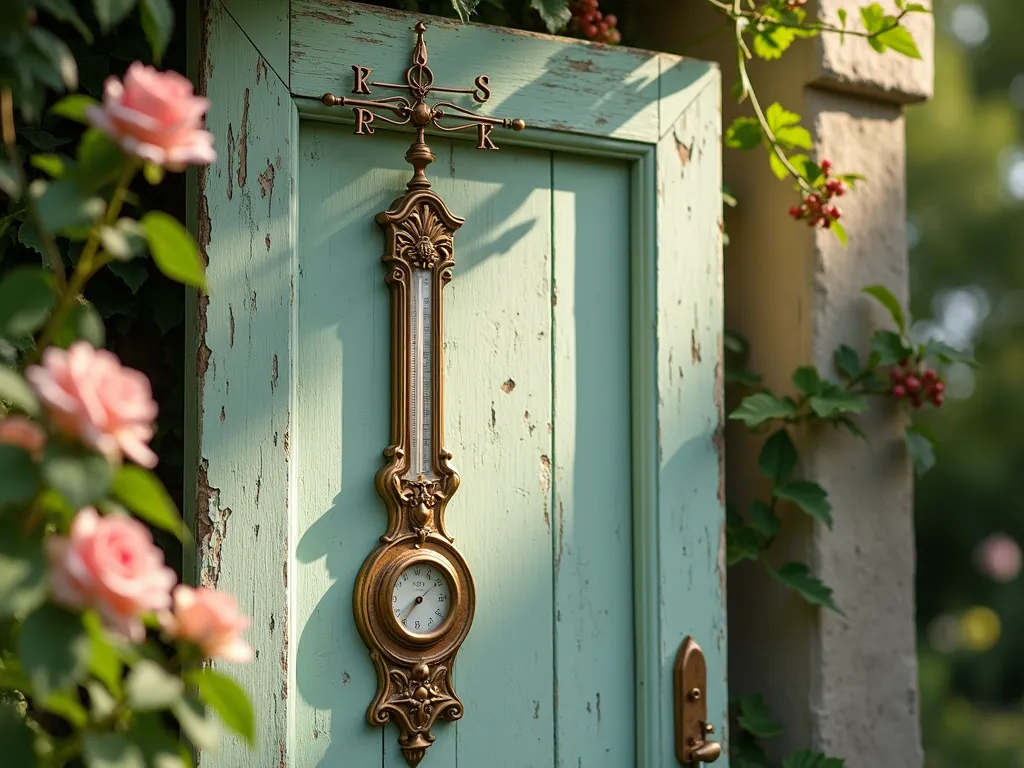 Rustic Door Weather Station - A charming vintage wooden door mounted on a garden wall, weathered to a soft sage green with peeling paint, transformed into an artistic weather station. Antique brass and copper weather instruments elegantly arranged on its surface including a decorative Victorian-style thermometer, a glass rain gauge with copper fittings, and a wrought iron wind vane mounted at the top. Delicate climbing roses frame one side of the door, while vintage copper numbers and letters indicate temperature and wind direction. Early morning sunlight casting gentle shadows across the door's surface, highlighting its rustic character and the gleaming metalwork of the instruments. Soft bokeh effect in background showing a cottage garden.