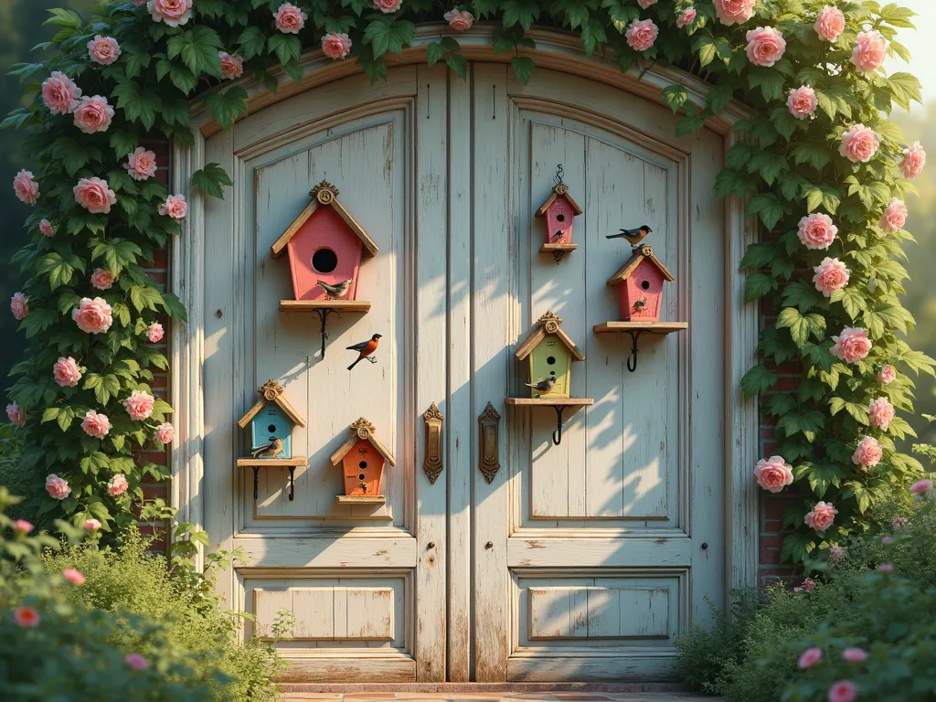 Vintage Door Bird Haven - A charming vintage wooden door transformed into a bird sanctuary in a lush garden setting, bathed in soft natural sunlight. Multiple decorative birdhouses in pastel colors are mounted at different heights, with ornate Victorian-style feeders hanging from decorative hooks. Small weathered wooden shelves hold water dishes and seed trays. Delicate climbing roses and morning glories frame the door, while various sized entrance holes are artfully carved into the door panels. Several small birds, including chickadees, finches, and cardinals, perch on the feeders and shelves. The door maintains its rustic character with peeling paint and vintage hardware, creating a whimsical, cottage garden aesthetic. Filtered sunlight creates a dreamy, enchanted atmosphere, photorealistic style.