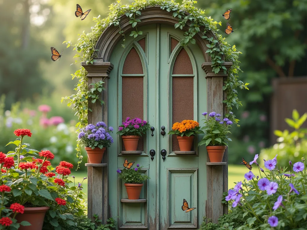 Vintage Door Butterfly Garden Sanctuary - A whimsical garden scene featuring a weathered vintage door transformed into a vertical butterfly garden, photographed in soft natural sunlight. The door stands upright in a lush garden setting, painted in a gentle sage green with elegant vintage hardware. Multiple decorative window cutouts with delicate copper mesh screens adorn the upper portion. Small wooden shelves and antique-style terracotta pots cascade down the door, filled with vibrant purple butterfly bush, orange lantana, and red pentas. Several monarch and swallowtail butterflies rest on the flowers and mesh screens. Trailing purple clematis vines frame the door edges, while morning glory vines delicately wind through the window openings. The scene is captured with a dreamy bokeh effect, creating an enchanted garden atmosphere.