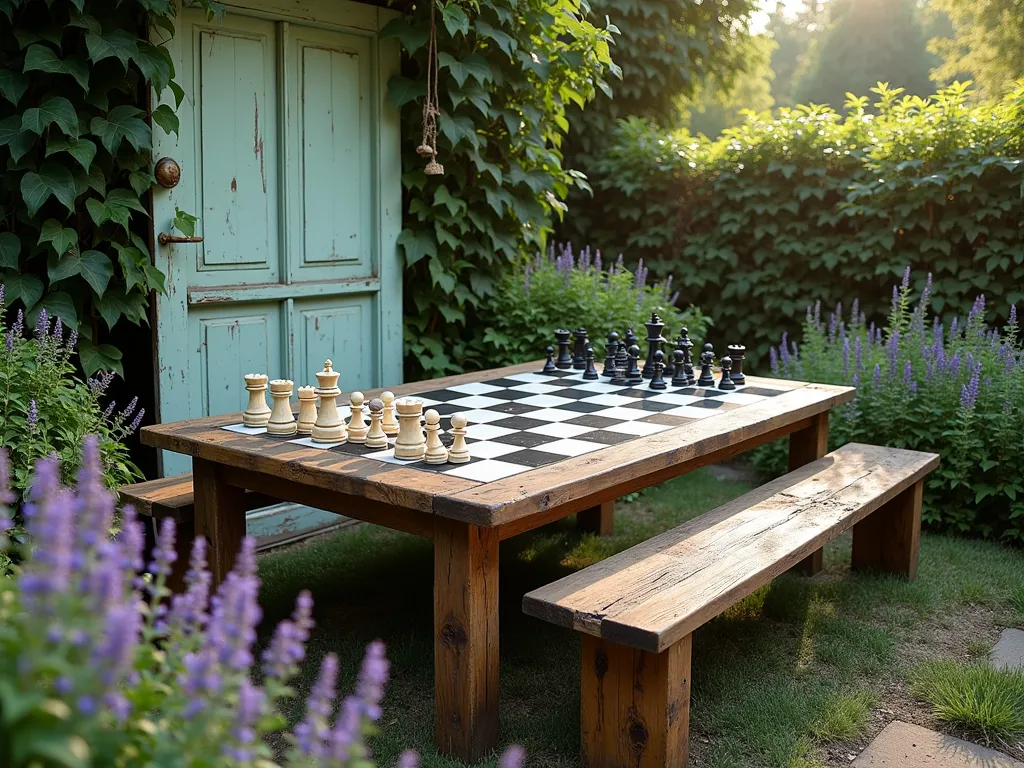 Vintage Door Chess Garden Game Station - A rustic vintage wooden door laid horizontally as an outdoor game table, professionally painted with a classic black and white chess board pattern. The door retains its original mint green peeling paint around the edges, with brass hardware intact. Surrounding the door are lush garden elements including climbing ivy and potted lavender. Custom-built wooden benches flank both sides, and a small shelf made from the door's original trim holds oversized garden-themed chess pieces carved from light and dark wood. Soft afternoon sunlight filters through nearby trees, creating a cozy, inviting garden gaming nook. Photorealistic, highly detailed, atmospheric lighting.