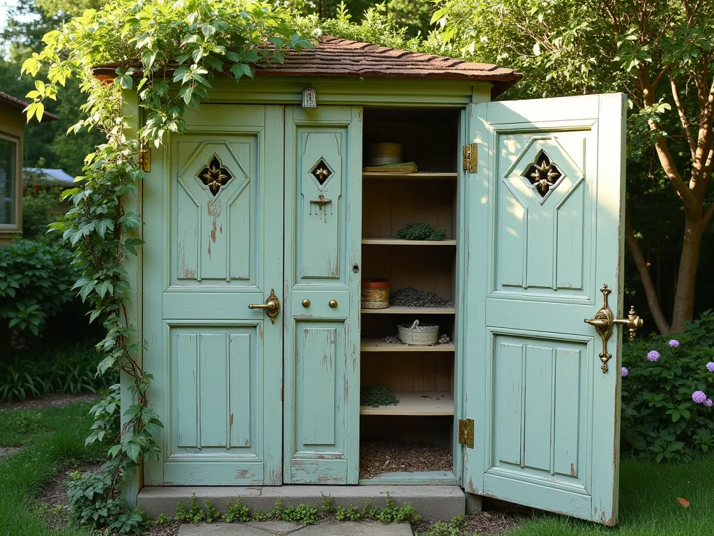 Rustic Garden Composting Station with Repurposed Doors - A charming garden composting station made from three weathered vintage doors arranged in a U-shape against a lush garden backdrop. The doors feature a soft sage green distressed paint finish with decorative ventilation panels cut in geometric patterns. One door is partially opened on brass hinges, revealing organized compartments for garden compost. Climbing jasmine and ivy gracefully wind around the structure's corners. Early morning sunlight filters through nearby trees, casting dappled shadows on the doors. The scene is photographed from a slight angle to show both the practical design and artistic beauty of the structure.